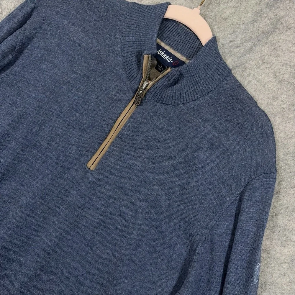 Johnnie O Merino Wool Blend Sweater Men Sz L Blue 1/4 Zip Lightweight LOGO